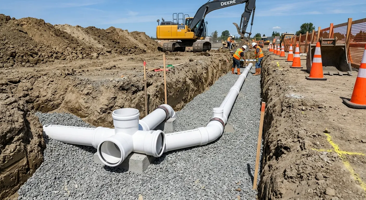 New PVC sewer pipe installation in open trench for Commercial Drain Cleaning in Raymondville